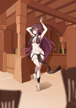 1girl absurdres barefoot barefoot_sandals_(jewelry) breasts brown_hair dancing eden_(honkai_impact) feet full_body highres honkai_(series) honkai_impact_3rd light_blush long_hair looking_at_viewer mi_si_lei_da_ke nipples pelvic_curtain pussy see-through_clothes smile solo standing standing_on_one_leg toes yellow_eyes