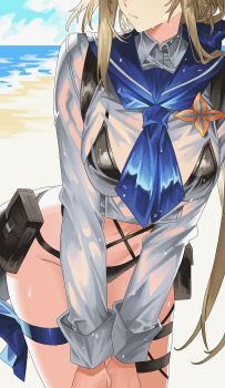 Rule 34 | 1girl, absurdres, arknights, beach, bikini, black bikini, black tail, blonde hair, blue neckerchief, breasts, cheong seol, commentary, crop top, day, dragon girl, dragon horns, dragon tail, groin, head out of frame, highres, horns, leaning forward, light frown, long sleeves, medium breasts, midriff, neckerchief, outdoors, pouch, reed (arknights), reed the flame shadow (arknights), reed the flame shadow (summer flower) (arknights), revision, see-through clothes, see-through shirt, shirt, solo, swimsuit, tail, thigh bow, thigh strap, wet, wet clothes, wet shirt, white shirt