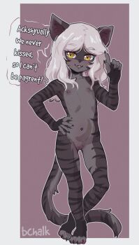 1girl absurdres ackchyually_(meme) amalia_(clara_(roringclara)) animal_ears animal_feet artist_name blush border borrowed_character butterchalk commentary completely_nude english_commentary english_text engrish_text flat_chest full_body furry furry_female grey_hair hand_on_own_hip hand_up highres loli medium_hair meme navel nipples nude open_mouth original outline pussy ranguage simple_background solo standing tail tiger_ears tiger_girl tiger_tail uncensored white_border white_outline yellow_eyes
