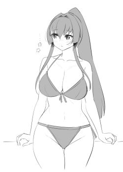 Rule 34 | 1girl, bikini, breasts, cleavage, commentary request, cowboy shot, front-tie bikini top, front-tie top, greyscale, hair intakes, kantai collection, large breasts, long hair, looking to the side, monochrome, ponytail, solo, swimsuit, tamu (mad works), thigh gap, yamato (kancolle)