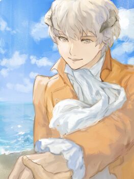 Rule 34 | 2boys, ascot, beach, cloud, coat, collared coat, frilled sleeves, frills, grey eyes, hair between eyes, highres, holding hands, horns, long sleeves, looking at another, male focus, metaphor: refantazio, multiple boys, ocean, out of frame, outstretched arm, parted lips, protagonist (metaphor: refantazio), samerkgk, sand, short hair, sky, smile, solo focus, strohl (metaphor: refantazio), upper body, water, white ascot, white hair, yellow coat