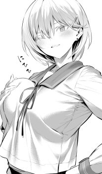 1girl blush breasts earrings evergreen_eri grabbing_own_breast greyscale grin hair_ornament hairclip haite_kudasai_takamine-san hand_on_own_hip highres hiiragi_yuuichi jewelry large_breasts long_sleeves monochrome one_eye_closed sailor_collar school_uniform serafuku shirt short_hair simple_background smile solo stud_earrings upper_body white_background white_shirt
