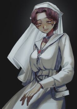 1girl belt belt_pouch black_background breasts brown_hair caduceus chain choker commentary_request curly_hair dress emily_dyer emily_dyer_(recovery) gem grey_eyes hair_intakes highres hnnstkn001 identity_v jewelry lipstick long_sleeves looking_at_viewer makeup necklace parted_lips pouch protected_link red_gemstone short_hair simple_background smile solo veil white_belt white_dress white_veil white_wrist_cuffs wrist_cuffs