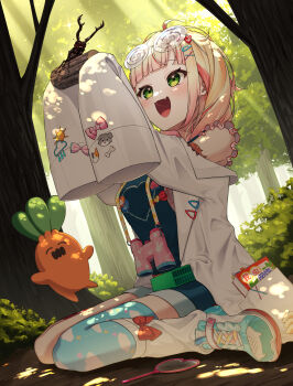 1girl absurdres aica_61 beetle binoculars blue_thighhighs blunt_bangs bug cloud_print coat coke-bottle_glasses commentary_request day denim_overalls fang forest glasses gradient_hair green_eyes highres holding hololive insect lab_coat looking_at_animal momosuzu_nene momosuzu_nene_(7th_costume) multicolored_hair nature nekko_(momosuzu_nene) official_alternate_costume official_alternate_hairstyle open_mouth outdoors pink_hair single_thighhigh sitting sleeves_past_fingers sleeves_past_wrists thighhighs virtual_youtuber white_coat