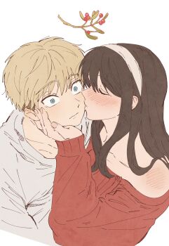 1boy 1girl absurdres black_hair blonde_hair blush closed_eyes collarbone commentary dress fingernails hairband hand_on_another's_cheek hand_on_another's_face hetero highres jewelry kiss kissing_cheek mistletoe moobki red_dress ring shirt simple_background spy_x_family symbol-only_commentary twilight_(spy_x_family) undercut upper_body wedding_ring white_background white_hairband white_shirt wide-eyed yor_briar