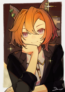 1girl artist_name black_gloves blue_eyes brown_hair closed_mouth collared_shirt commentary_request eye_contact gloves hair_between_eyes hair_ribbon hand_on_own_chin highres long_sleeves looking_at_another looking_at_viewer ribbon shikahisa_totani shirt short_hair signature smile solo star_(symbol) t.m._opera_o_(casual)_(umamusume) t.m._opera_o_(umamusume) umamusume white_shirt