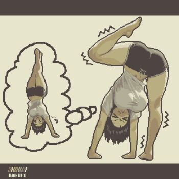 &gt;_&lt; 1girl artist_name barefoot black_hair black_shorts breasts color_guide dolphin_shorts handstand hashtag-only_commentary highres large_breasts leg_up letterboxed limited_palette musical_note original pixel_art shirt short_shorts short_sleeves shorts simple_background smile solo specialhanako speech_bubble t-shirt thought_bubble trembling upside-down v-shaped_eyebrows wavy_mouth white_background white_shirt