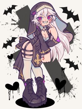 1girl back_ribbon bat_background black_boots black_ribbon black_tabard boots borrowed_character breasts breasts_squeezed_together castussan cleavage collar collar_chain_(jewelry) commission cross deformed double-parted_bangs evil_grin evil_smile finger_to_cheek full_body grin heart heart_background highres juliet_sleeves latin_cross leaning_forward long_hair long_sleeves lower_eyelashes_only medium_breasts nun original pigeon-toed puffy_sleeves purple_eyes red_pupils ribbon ringed_eyes sharp_teeth short_eyebrows simple_bat smile solo splatter splatter_background standing tabard teeth thighhighs thighs v-shaped_eyebrows veil very_long_hair white_collar white_hair white_thighhighs wing_collar yellow_trim