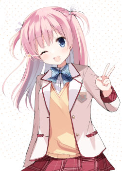 1girl absurdres blue_eyes blush bow bowtie cardigan daitoshokan_no_hitsujikai hair_tie head_tilt highres long_hair open_cardigan open_clothes open_mouth pink_hair school_uniform serizawa_miyu simple_background solo star_(symbol) takepoison v