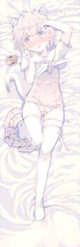1girl absurdres animal_ear_hairband animal_ears bed_sheet blush cameltoe cat_ear_hairband cat_ears cat_tail covered_navel dakimakura_(medium) drooling fake_animal_ears fake_tail full_body ganges_gawa grey_eyes hairband highres looking_to_the_side lying on_back one-piece_swimsuit original pale_skin pink_one-piece_swimsuit sailor_collar shirt shy skirt solo swimsuit tail thighhighs unworn_skirt white_hair white_sailor_collar white_shirt white_thighhighs zettai_ryouiki