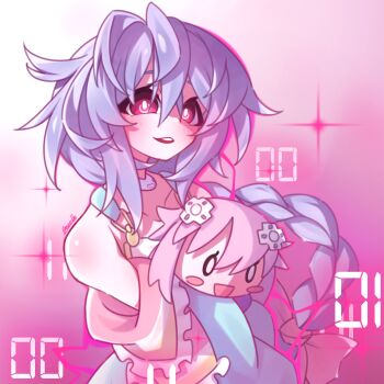 1girl absurdres aqua_dress bare_shoulders bow braid braided_ponytail character_doll choker collarbone doll dress false_smile frilled_dress frills gezelle_2045 hair_between_eyes hair_bow highres holding holding_stuffed_toy kami_jigen_game_neptune_v light_blush long_hair messy_hair neptune_(neptunia) neptune_(series) open_mouth pink_background pink_bow pink_eyes power_symbol power_symbol-shaped_pupils purple_hair pururut signature smile solo stuffed_animal stuffed_toy symbol-shaped_pupils teeth upper_teeth_only white_choker