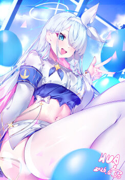 1girl :d artist_name balloon blue_archive blue_eyes blue_hairband blue_shirt chinese_commentary commentary dated general_student_council_president_(blue_archive) hair_over_one_eye hairband halo highres hua-huahua jacket long_hair looking_at_viewer midriff multicolored_hair navel one_eye_covered open_mouth pink_hair shirt skirt smile solo teeth thighhighs upper_teeth_only w white_hair white_hairband white_halo white_jacket white_skirt white_thighhighs