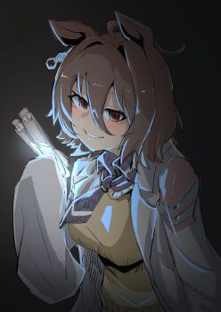 1girl agnes_tachyon_(tach-nology)_(umamusume) agnes_tachyon_(umamusume) ahoge animal_ears black_background black_necktie black_shirt breasts brown_hair chemical_structure coat collared_shirt cork ear_ornament earrings glowing hair_between_eyes hair_intakes hand_up highres holding holding_test_tube horse_ears horse_girl jewelry lab_coat medium_breasts necktie red_eyes shirt short_hair short_necktie simple_background single_earring solo sweater test_tube umamusume veth_free white_coat yellow_sweater