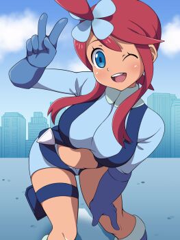 1girl blue_eyes boots breasts building crop_top dark-skinned_female dark_skin gloves highres large_breasts long_sleeves looking_at_viewer nintendo one_eye_closed pokemon pokemon_bw red_hair shorts skyla_(pokemon) suspenders teeth thigh_strap umejiru_mlp upper_teeth_only v wink