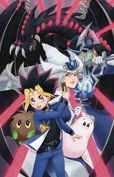 1girl 2boys black_shirt blonde_hair brown_fur claws colored_skin dragon fake_horns fangs gandora_the_dragon_of_destruction gintoeki green_skin grey_hair hat helmet highres holding holding_sword holding_weapon horned_helmet horns kuriboh marshmallon millennium_puzzle multicolored_hair multiple_boys muto_yugi pink_skin purple_eyes shirt silent_magician silent_swordsman smile sword weapon white_hat wizard_hat yellow_eyes yu-gi-oh!