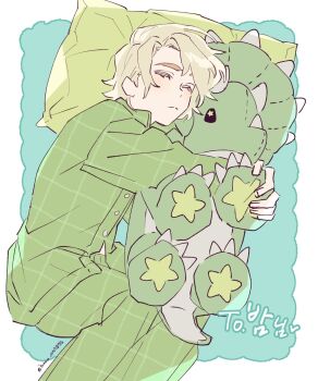 1boy animification artist_name blonde_hair blue_background border closed_eyes closed_mouth commentary_request from_above green_pajamas green_pants green_shirt haaa_om007ls highres holding holding_stuffed_toy hugging_object korean_commentary lloyd_garmadon long_sleeves lying male_focus ninjago on_side outside_border pajamas pants pillow shirt short_hair simple_background sleeping solo stuffed_animal stuffed_dinosaur stuffed_toy the_lego_group triceratops twitter_username white_border