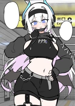 1girl absurdres black_gloves black_shorts black_wings blue_eyes breasts commentary_request dragon_girl dragon_horns dragon_wings erum_4066 gloves hair_between_eyes highres horns korean_commentary large_breasts mask mouth_mask multicolored_hair navel original purple_hair short_shorts shorts solo thighs two-tone_hair white_hair wings