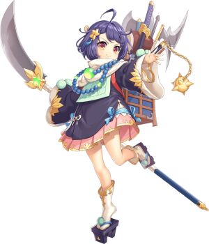 Rule 34 | 1girl, ahoge, artist request, axe, benkei (legend clover), flail, flat chest, full body, game cg, geta, hair ornament, highres, holding, holding polearm, holding weapon, japanese clothes, jewelry, katana, kusarigama, legend clover, naginata, necklace, official art, pearl necklace, polearm, purple hair, red eyes, sickle, skirt, star (symbol), star hair ornament, sword, third-party source, transparent background, weapon