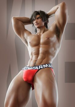 1boy 3d absurdres armpit_hair armpits brown_hair bulge highres indie_virtual_youtuber kite_hasegawa kodokuso large_pectorals male_focus male_underwear muscular muscular_male nipples pectorals pubic_hair red_male_underwear solo underwear yellow_eyes