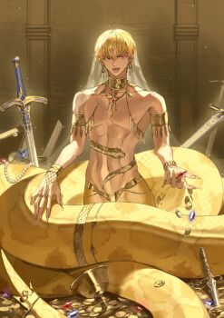 1boy absurdres armlet bracelet caliburn_(fate) coin crown earrings fangs fate/grand_order fate_(series) fingernails gem gilgamesh gilgamesh_(caster)_(fate) gilgamesh_(fate) gold_armlet gold_bracelet gold_choker gold_coin gold_earrings gold_ring head_chain highres holding holding_coin holding_gem holy_grail_(fate) jewelry lamia_boy long_fingernails looking_at_viewer male_focus monster_boy monsterification nipples nude open_mouth planted planted_sword planted_weapon scales see-through_clothes see-through_veil sharp_fingernails smile snake solo sword toned toned_male veil weapon white_veil yellow_scales yidajiyidajiz