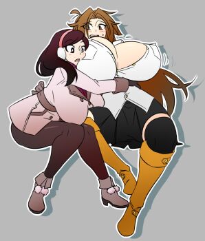 2girls ankle_boots beryl_(junkpuyo) black_eyes black_legwear blush blush_stickers boots borrowed_character bouncing_breasts breast_awe breast_press breasts brown_eyes brown_hair cleavage coat commentary crossover earmuffs ego_trigger english_commentary full_body gigantic_breasts graph_(graphiteknight) hug huge_breasts invisible_chair knee_boots long_hair looking_at_breasts mattie_(ego_trigger) mittens multiple_girls no_bra original pantyhose purple_hair purple_legwear ribbed_sweater sitting sweatdrop sweater thighhighs turtleneck turtleneck_sweater very_long_hair winter_clothes winter_coat yuri