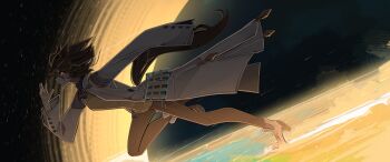 1girl absurdres agnes_tachyon_(tach-nology)_(umamusume) agnes_tachyon_(umamusume) animal_ears black_hole boots brown_hair brown_tail coat eye_trail from_side gravitational_lens high_heel_boots high_heels highres horse_ears horse_girl horse_tail lab_coat light_trail long_sleeves medium_hair motion_lines pantyhose red_eyes running shuuko_(s_h_uuko) sleeves_past_fingers sleeves_past_wrists solo space star_(sky) sweater_vest tail test_tube test_tube_holster umamusume white_coat yellow_sweater_vest