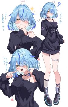 Rule 34 | 1girl, ?, ahoge, belt, black shirt, black shoes, blue hair, breasts, collarbone, commentary request, fishnet socks, fishnets, hair intakes, hair over one eye, heart, heart ahoge, highres, hololive, long sleeves, multicolored hair, open mouth, shirt, shoes, socks, streaked hair, thigh belt, thigh strap, translation request, virtual youtuber, visitofsiki, white belt, yellow eyes, yukihana lamy