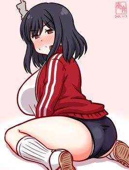 1girl artist_logo black_hair blue_buruma blush breasts buruma commentary_request dated gradient_background gym_shirt gym_uniform headgear jacket kanon_(kurogane_knights) kantai_collection large_breasts logo looking_at_viewer looking_back nose_blush one-hour_drawing_challenge panties panties_under_buruma pink_background red_eyes red_jacket shirt shoes short_hair socks solo t-shirt underwear white_shirt white_shoes white_socks yamashiro_(kancolle)