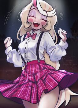 1girl :d blonde_hair blush bow bowtie character_request charlie_morningstar closed_eyes commentary cowboy_shot dress_shirt english_commentary eyeshadow facing_viewer flipped_sidelocks floating_clothes hands_up happy hazbin_hotel heart hellaverse highres long_sleeves makeup multicolored_hair night open_mouth outdoors pink_bow pink_bowtie pink_skirt pink_streaks plaid_clothes plaid_skirt pleated_skirt purple_eyeshadow shirt skirt sleeve_cuffs smile solo_focus sonitasonootaku streaked_hair suspender_skirt suspenders teeth tongue upper_teeth_only watermark white_shirt wing_collar