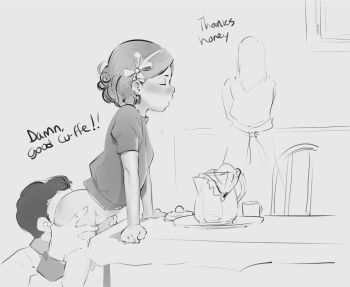 1boy 2girls cunnilingus english_text face_in_ass family father_and_daughter highres incest loli monochrome multiple_girls okymir oral sketch standing stealth stealth_cunnilingus stealth_sex