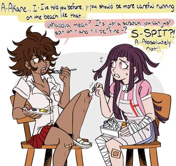 apron art_trade bandaged_arm bandaged_hand bandaged_leg bandages bandaid bandaid_on_knee bandaid_on_leg blood blue_skirt breasts brown_eyes brown_hair chair character_name cleavage collared_shirt commentary cotton_swab danganronpa_(series) danganronpa_2:_goodbye_despair dark-skinned_female dark_skin eating en-chi-la-da english_commentary english_text eyelashes first_aid_kit flying_sweatdrops food food_on_face fork highres holding holding_cotton_swab holding_fork holding_plate injury long_hair medium_hair mole mole_under_eye motion_lines open_mouth owari_akane pink_shirt plate purple_eyes purple_hair red_skirt shirt shoes short_sleeves simple_background sitting skirt speech_bubble sweatdrop tan teeth white_apron white_background white_shirt white_shoes