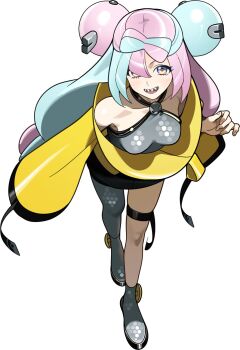 1girl 987645321o blue_hair blush bow-shaped_hair breasts character_hair_ornament fake_hair_bun full_body grey_pantyhose hair_ornament halter_shirt halterneck hashtag-only_commentary hexagon_print highres iono_(pokemon) jacket leaning_forward long_hair long_sleeves looking_at_viewer medium_breasts multicolored_hair nintendo open_mouth pantyhose pink_hair pokemon pokemon_sv sharp_teeth shirt simple_background single_leg_pantyhose sleeves_past_fingers sleeves_past_wrists smile solo split-color_hair teeth two-tone_hair white_background yellow_jacket