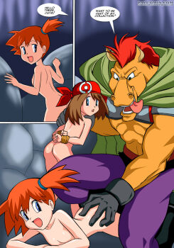1boy 2girls arms_behind_back bandana blue_bike_shorts blue_eyes blue_shorts bound bound_arms breasts cave cave_interior completely_nude crossover denim denim_shorts english_text gag gagged hand_on_another's_face kneeling may_(pokemon) misty_(pokemon) multiple_girls navel nintendo nipples nude orange_hair palcomix pokemon pokemon_(anime) pokemon_(classic_anime) pokemon_rse_(anime) red_bandana red_shirt restrained rope screaming shirt shorts shouting side_ponytail smile speech_bubble stallion_(words_worth) suspender_shorts suspenders tank_top tongue tongue_out uncensored words_worth yellow_shirt yellow_tank_top