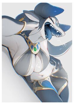 1girl animal_ears blue_tongue border bracelet breasts chromatic_aberration cleavage closed_eyes colored_skin colored_tongue dragon_ears dragon_girl dragon_horns dragon_tail dutch_angle earrings furry furry_female gem green_gemstone grey_background grey_skin halterneck head_rest highres horns jewelry large_breasts lehner_(pontarowo) lying multicolored_skin navel on_side open_mouth original pelvic_curtain pontarowo saliva sharp_teeth shiny_skin simple_background solo tail tearing_up teeth two-tone_skin white_border white_skin yawning