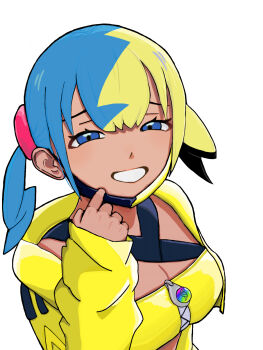 1girl absurdres bandeau blue_eyes breasts canari_(pokemon) cleavage commentary_request eyelashes grin hand_up happy highres jacket long_sleeves looking_at_viewer mask mask_pull mouth_mask multicolored_hair nintendo open_clothes open_jacket pokemon pokemon_legends:_z-a short_twintails simple_background sleeves_past_wrists smile solo tayutayu._(xuww2558) teeth twintails upper_body white_background yellow_bandeau yellow_jacket zipper zipper_pull_tab