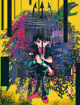 1girl asymmetrical_wings black_dress black_hair black_pantyhose blue_wings bow bowtie closed_mouth commentary_request dress full_body glitch highres holding holding_polearm holding_weapon houjuu_nue itomugi-kun pantyhose pink_shoes pointy_ears polearm red_bow red_bowtie red_eyes red_wings shoes short_sleeves sitting smile snake snake_wrapped_around_arm solo touhou trident weapon wings yellow_background