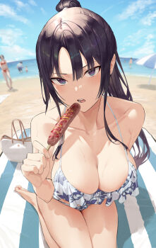 absurdres bag bare_shoulders barefoot beach bikini black_hair blue_eyes blurry blush breasts cleavage collarbone depth_of_field food frilled_bikini frills high_ponytail highres hiiragi_yuuichi kneeling large_breasts long_hair looking_at_viewer ocean original outdoors parted_lips ponytail shoulder_bag solo_focus swimsuit thighs