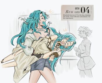 Rule 34 | 37 (reverse:1999), 3girls, ancient greek clothes, auqroix, bare shoulders, blue hair, carrying, carrying person, closed eyes, commentary, disgust, english commentary, english text, gold choker, greco-roman clothes, happy, highres, hissabeth, holding, holding paper, jacket, long hair, mesmer jr., multiple girls, paper, reverse:1999, snake, snake on head, toga, very long hair, white jacket