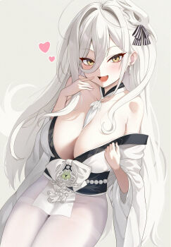1girl azur_lane bare_shoulders bird_mask black_sash breasts cleavage collarbone commentary_request earrings hair_between_eyes hair_intakes hakuhou_(azur_lane) heart highres huge_breasts itaba_atsushi japanese_clothes jewelry kimono long_hair long_hair_between_eyes looking_at_viewer mask mask_on_head open_mouth pantyhose sash simple_background solo tassel tassel_earrings very_long_hair white_background white_hair white_kimono white_pantyhose white_theme yellow_eyes