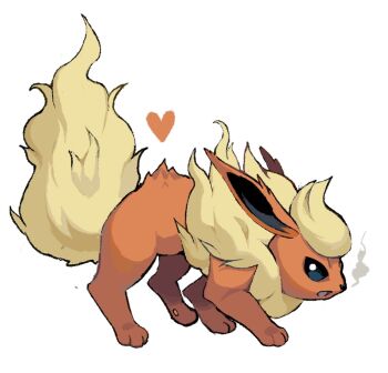 animal_focus black_eyes commentary english_commentary flareon fluffy from_side full_body gen_1_pokemon heart highres moonblast-sylveon nintendo no_humans open_mouth pokemon pokemon_(creature) puffed_up simple_background smoke_from_mouth solo white_background