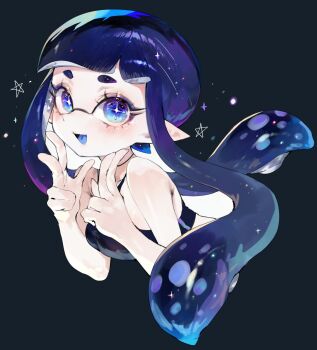 +_+ 1girl :d bare_arms black_bra blue_eyes blue_hair blue_tongue bra breasts colored_tongue commentary_request cropped_torso double_w gradient_hair hands_up highres inkling inkling_girl inkling_player_character long_hair looking_at_viewer multicolored_eyes multicolored_hair nintendo open_mouth pointy_ears purple_eyes purple_hair small_breasts smile solo splatoon_(series) tentacle_hair togetoge two-tone_eyes underwear underwear_only w