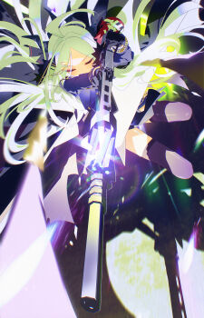 1girl absurdres ahoge blue_archive bm_tol closed_eyes commentary gloves gun hair_ornament hairclip highres hina_(blue_archive) holding holding_gun holding_weapon horns jacket long_hair machine_gun mg42 parallel_hairclips parted_bangs purple_jacket purple_thighhighs skirt solo thighhighs weapon white_hair