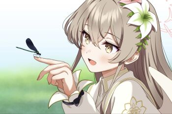 1girl blue_archive blush brown_eyes brown_hair bug dragonfly flower from_side gesupi_(provlemsolver57) hair_flower hair_ornament halo hand_up highres insect long_hair long_sleeves nagisa_(blue_archive) open_mouth red_halo smile white_flower white_wings wings