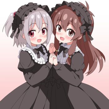 2boys :d black_bow black_bowtie black_dress blush bow bowtie brown_eyes brown_hair commentary_request crossdressing crossdressing_(mtf) dress frilled_hairband frilled_shirt_collar frills gothic_lolita gradient_background grey_hair hair_between_eyes hair_bobbles hair_ornament hairband highres holding_hands interlocked_fingers juliet_sleeves lolita_fashion long_hair long_sleeves looking_at_viewer male_focus medium_hair multiple_boys multiple_traps one_side_up onii-chan_wa_oshimai! open_mouth pink_background puffy_sleeves red_eyes sakurada_yuuta sakuzo senkawa_minato simple_background smile symmetrical_pose trap white_background