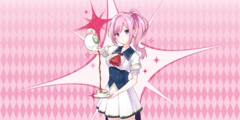 Rule 34 | 1girl, alpha (lapis re:lights), argyle background, blue corset, blue sailor collar, breasts, buttons, closed mouth, corset, cowboy shot, cup, double-breasted, dress, expressionless, frilled dress, frills, game cg, head tilt, high ponytail, highres, holding, holding saucer, holding teapot, lapis re:lights, long hair, looking at viewer, medium breasts, official art, pink background, pink hair, ponytail, pouring, purple eyes, sailor collar, saucer, school uniform, short sleeves, sidelocks, skirt, solo, sparkle background, tea, teacup, teapot, third-party source, white dress, white skirt