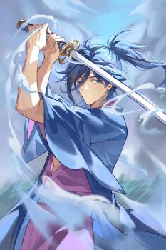 1boy arms_up blue_eyes blue_hair blue_jacket cecilus_segmunt closed_mouth cloud cowboy_shot grass hair_between_eyes haori high_ponytail highres holding holding_sword holding_weapon jacket japanese_clothes katana kimono lizijianggaifan long_hair looking_at_viewer male_focus outdoors pink_kimono ponytail purple_kimono re:zero_kara_hajimeru_isekai_seikatsu sash sky smile solo sword water weapon wide_sleeves
