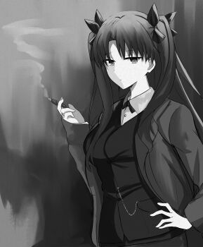 absurdres bad_source black_hair clam_shell_ornament fate/stay_night fate_(series) hair_ribbon highres lace-trimmed_jacket lightstick long_hair pinstripe_bra puffy-trimmed_leotard ribbon rin's_pendant_(fate) shokobr sigmund_freud square tohsaka_rin