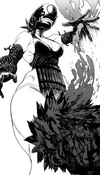 apron bakugou_katsuki boku_no_hero_academia bomb_devil_(chainsaw_man) breasts chainsaw_man cleavage collar crossover decapitation dynamite elbow_gloves explosive foreshortening fuse gloves highres medium_breasts panties pelvic_curtain reze_(chainsaw_man) sideboob smoke smoke_trail sports_bra teeth underwear websake white_background white_panties