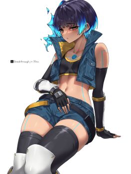 1girl bare_shoulders black_gloves black_hair black_sports_bra black_thighhighs blue_hair blush boots breasts brown_eyes dark-skinned_female dark_skin elbow_gloves fingerless_gloves gloves hand_on_own_stomach highres looking_at_viewer multicolored_hair navel riro_(breakthrough_rr) sena_(xenoblade) short_shorts shorts simple_background sleeveless_vest small_breasts solo sports_bra thigh_boots thighhighs thighhighs_under_boots two-tone_hair white_background xenoblade_chronicles_(series) xenoblade_chronicles_3