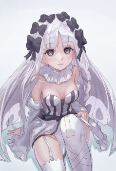 1girl absurdres bare_shoulders black_bow black_eyes blush bow braid breasts cleavage collar colored_inner_hair commentary_request detached_sleeves dress fate/strange_fake fate_(series) francesca_prelati_(fate) frilled_collar frills garter_straps grey_hair hair_bow highres long_hair looking_at_viewer medium_breasts multicolored_hair panties parted_bangs ringed_eyes sidelocks sitting skull_print smile solo striped_clothes striped_dress thighhighs thighs underwear very_long_hair white_dress white_hair white_panties white_thighhighs zasyuu_11